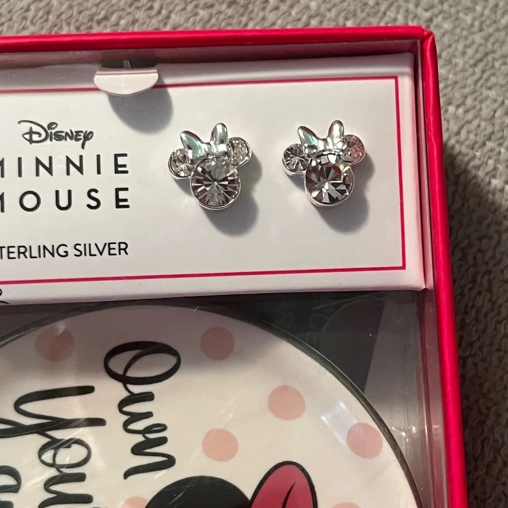 Minnie Mouse Clear Crystal Stud Earrings in Sterling Silver & Trinket Dish